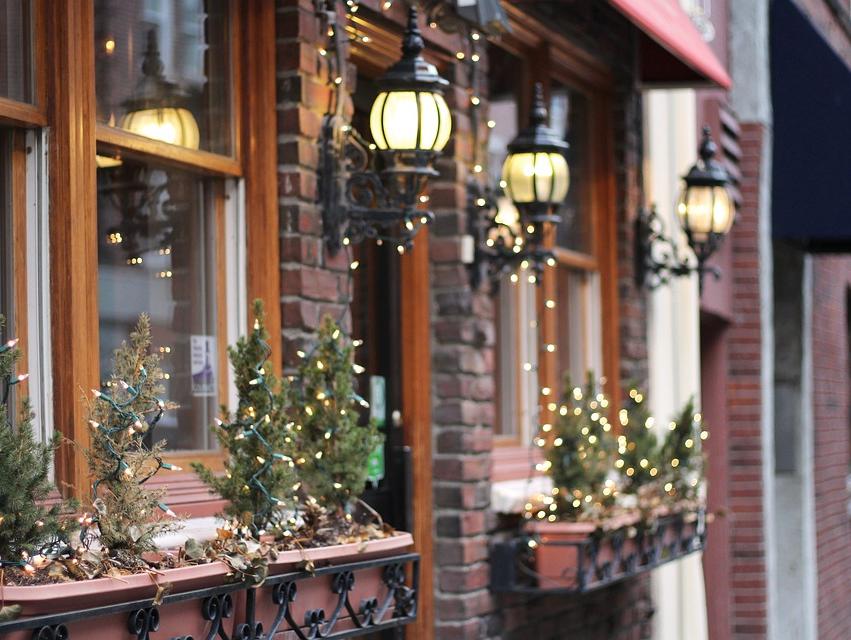 A downtown building decorated with tiny Christmas trees and Christmas lights for the holidays