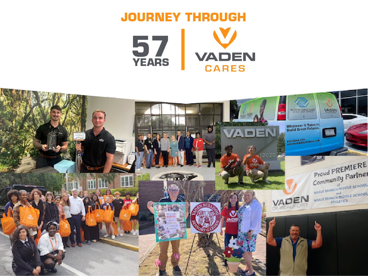 A collage of Vaden employees participating in community events with text that says 'Serving our community 56 Years. The Vaden Way.'