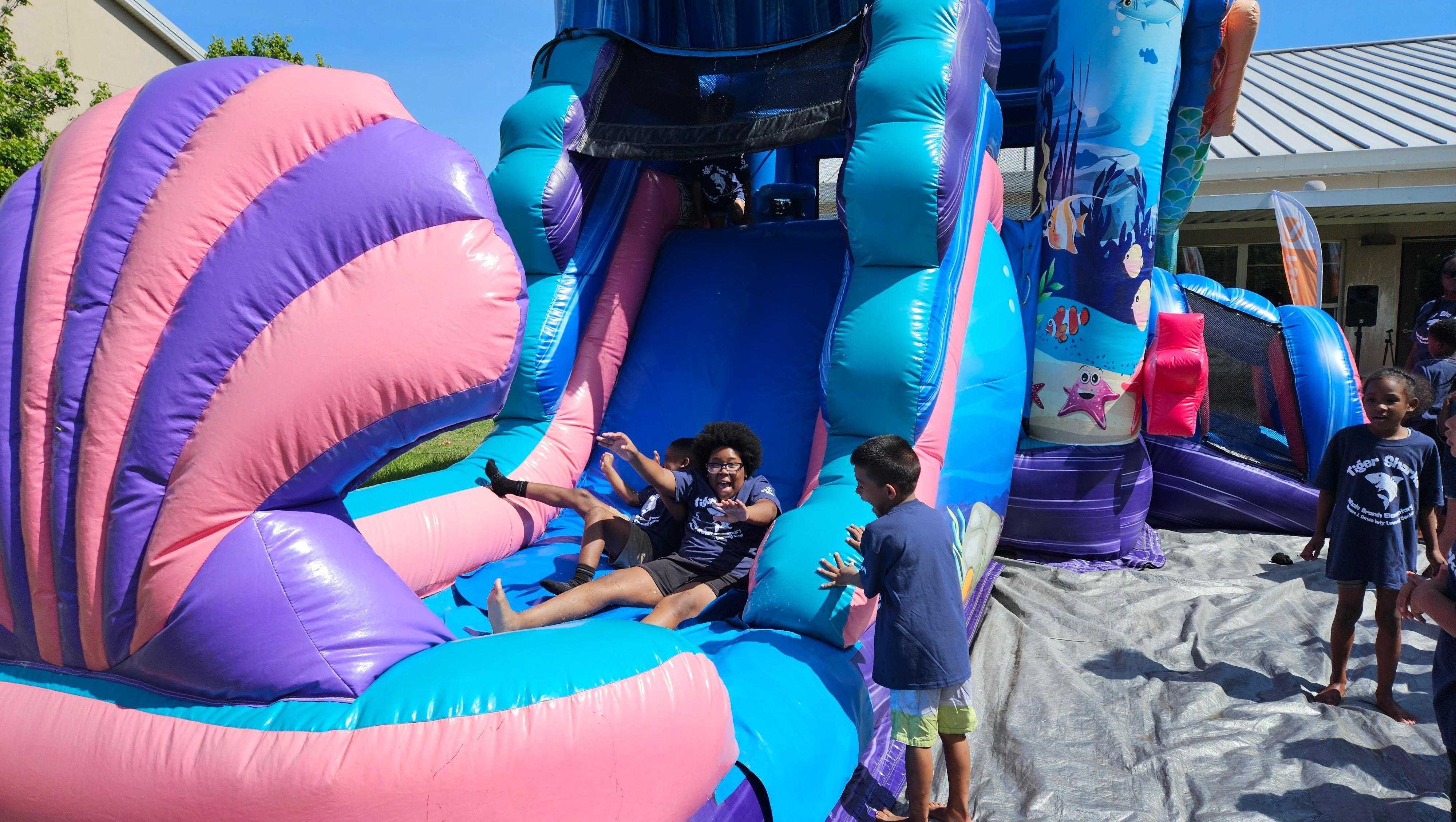 Kids going down an inflatable slide